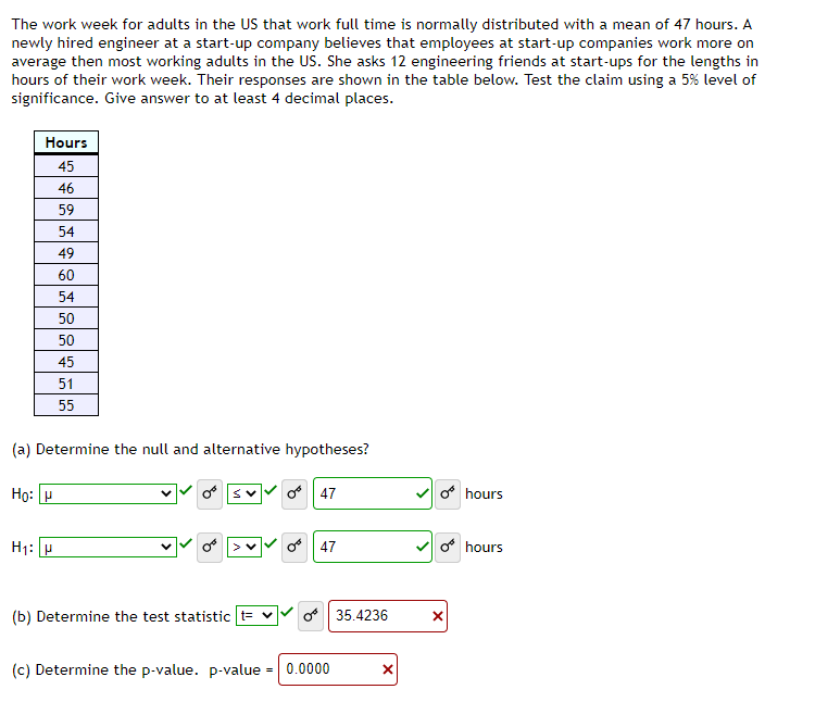 The work week for adults in the US that work full time is normally distributed with a mean of 47 hours. A
newly hired engineer at a start-up company believes that employees at start-up companies work more on
average then most working adults in the US. She asks 12 engineering friends at start-ups for the lengths in
hours of their work week. Their responses are shown in the table below. Test the claim using a 5% level of
significance. Give answer to at least 4 decimal places.
Hours
45
46
59
54
49
60
54
50
50
45
51
55
(a) Determine the null and alternative hypotheses?
Ho: P
o 47
V o hours
H1: P
o 47
o hours
(b) Determine the test statistic t= v
35.4236
(c) Determine the p-value. p-value :
= 0.0000
