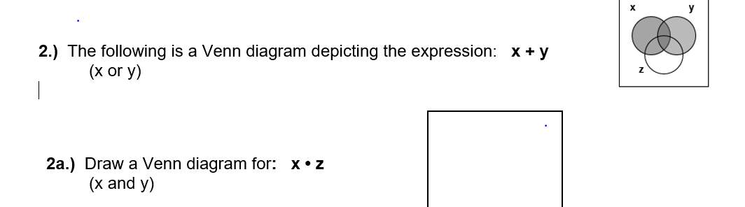 2.) The following is a Venn diagram depicting the expression: x + y
(x or y)
2a.) Draw a Venn diagram for: x•z
(x and y)
