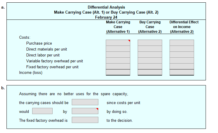 a.
ė
Costs:
Differential Analysis
Make Carrying Case (Alt. 1) or Buy Carrying Case (Alt. 2)
February 24
Purchase price
Direct materials per unit
Direct labor per unit
Variable factory overhead per unit
Fixed factory overhead per unit
Income (loss)
Make Carrying
Case
(Alternative 1)
Assuming there are no better uses for the spare capacity,
the carrying cases should be
would
by
The fixed factory overhead is
Buy Carrying
Case
(Alternative 2)
since costs per unit
by doing so.
to the decision.
Differential Effect
on Income
(Alternative 2)