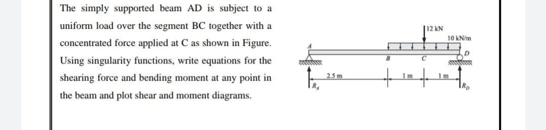 The simply supported beam AD is subject to a
uniform load over the segment BC together with a
|12 kN
10 kN/m
concentrated force applied at C as shown in Figure.
B.
Using singularity functions, write equations for the
to
shearing force and bending moment at any point in
2,5 m
1 m
Im
R.
the beam and plot shear and moment diagrams.
