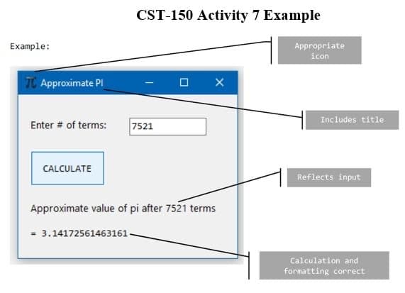 CST-150 Activity 7 Example
Example:
Appropriate
icon
TC Approximate PI
Includes title
Enter # of terms:
7521
CALCULATE
Reflects input
Approximate value of pi after 7521 terms
3.14172561463161.
Calculation and
formatting correct
