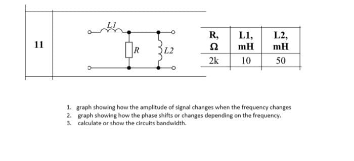 11
R,
L1,
L2,
R
S2
mH
mH
L2
2k
10
50
1. graph showing how the amplitude of signal changes when the frequency changes
2. graph showing how the phase shifts or changes depending on the frequency.
calculate or show the circuits bandwidth.
3.