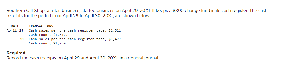 Southern Gift Shop, a retail business, started business on April 29, 20X1. It keeps a $300 change fund in its cash register. The cash
receipts for the period from April 29 to April 30, 20X1, are shown below.
DATE
TRANSACTIONS
Cash sales per the cash register tape, $1,521.
Cash count, $1,812.
Cash sales per the cash register tape, $1,427.
Cash count, $1,730.
April 29
30
Required:
Record the cash receipts on April 29 and April 30, 20X1, in a general journal.
