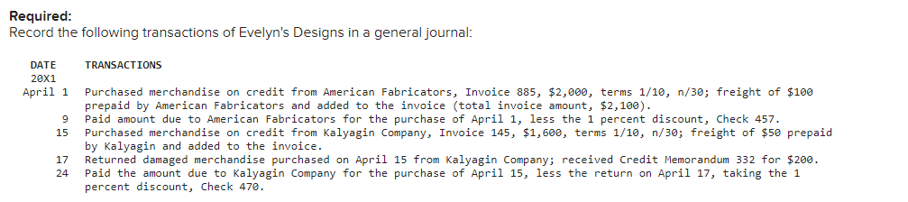 Required:
Record the following transactions of Evelyn's Designs in a general journal:
DATE
TRANSACTIONS
20x1
April 1
Purchased merchandise on credit from American Fabricators, Invoice 885, $2,000, terms 1/10, n/30; freight of $100
prepaid by American Fabricators and added to the invoice (total invoice amount, $2,100).
Paid amount due to American Fabricators for the purchase of April 1, less the 1 percent discount, Check 457.
Purchased merchandise on credit from Kalyagin Company, Invoice 145, $1,600, terms 1/10, n/30; freight of $50 prepaid
by Kalyagin and added to the invoice.
Returned damaged merchandise purchased on April 15 from Kalyagin Company; received Credit Memorandum 332 for $200.
Paid the amount due to Kalyagin Company for the purchase of April 15, less the return on April 17, taking the 1
percent discount, Check 470.
15
17
24
