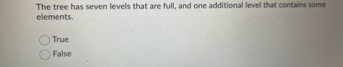 The tree has seven levels that are full, and one additional level that contains some
elements.
True
False
