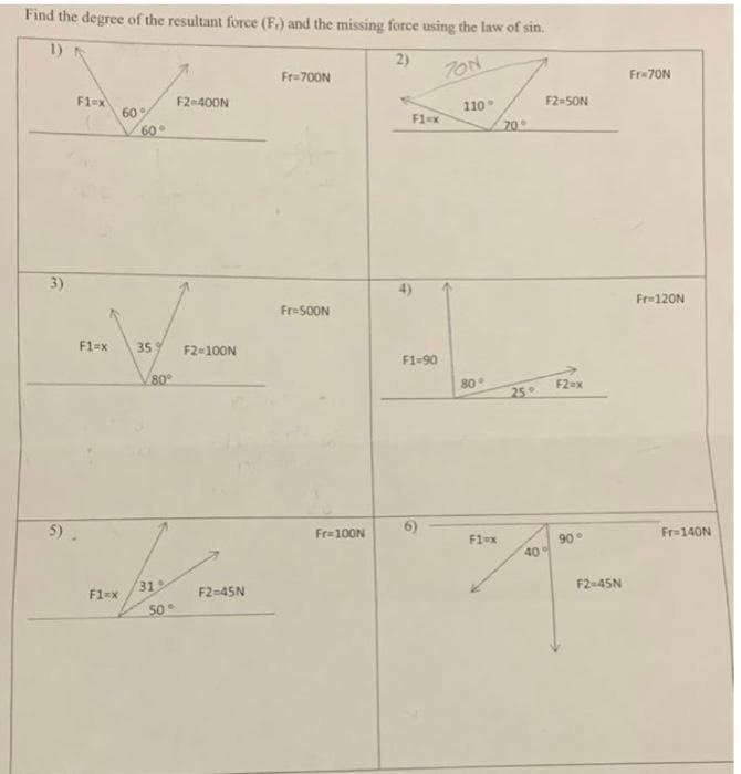 Find the degree of the resultant force (F.) and the missing force using the law of sin.
1)
2)
TON
3)
F1-x
5).
60
F1=x 35
F1-x
60
80°
319
50
F2-400N
F2=100N
F2=45N
Fr=700N
Fr=500N
Fr=100N
F1=x
F1-90
110
80°
F1sx
70
25
F2=50N
40%
F2ax
90°
F2=45N
Fr=70N
Fr=120N
Fr=140N