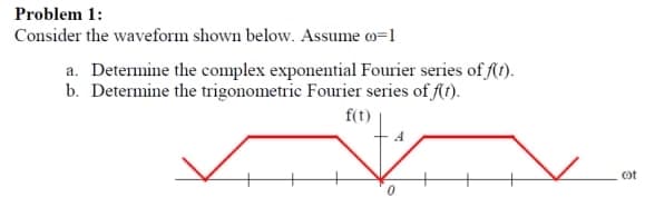 Problem 1:
Consider the waveform shown below. Assume o=1
a. Determine the complex exponential Fourier series of (t).
b. Determine the trigonometric Fourier series of ft).
f(t)
ot
