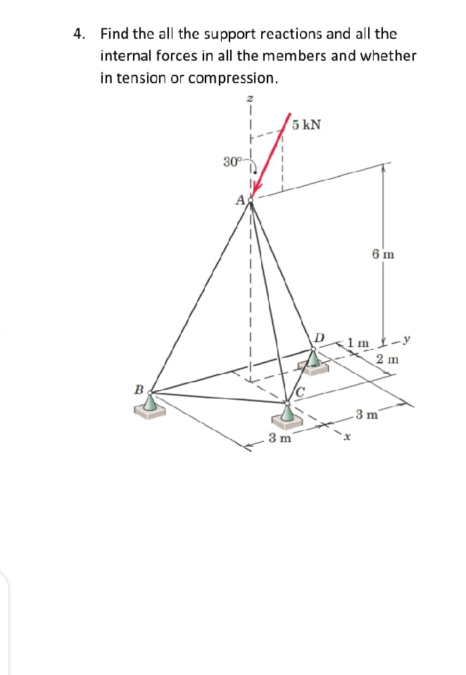 4. Find the all the support reactions and all the
internal forces in all the members and whether
in tension or compression.
5 kN
30°-
A
6 m
1 m
2 m
- y
B
3 m
3 m
