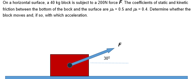 On a horizontal surface, a 40 kg block is subject to a 200N force F. The coefficients of static and kinetic
friction between the bottom of the bock and the surface are ls = 0.5 and Lk = 0.4. Determine whether the
block moves and, if so, with which acceleration.
F
300
