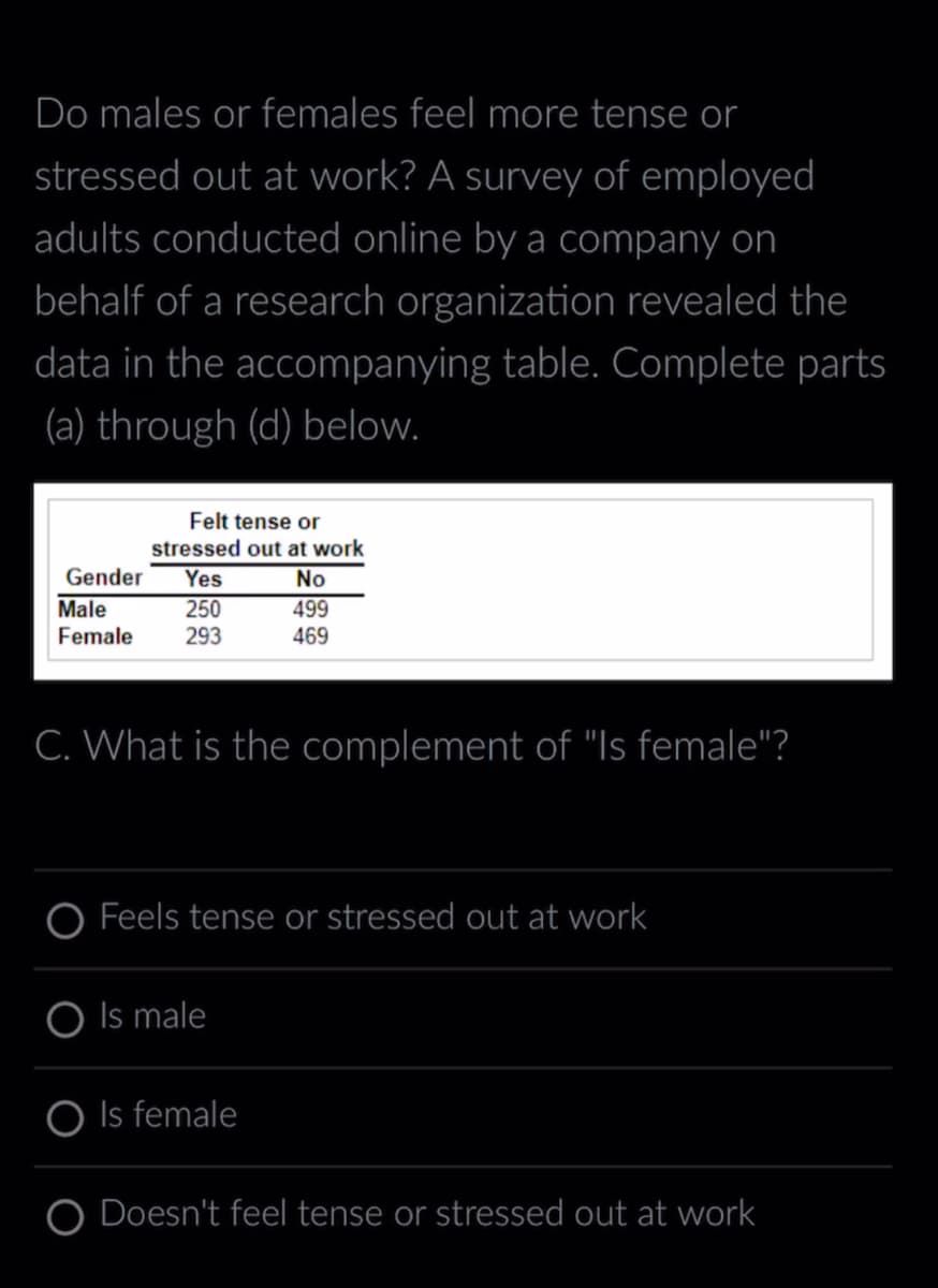 Do males or females feel more tense or
stressed out at work? A survey of employed
adults conducted online by a company on
behalf of a research organization revealed the
data in the accompanying table. Complete parts
(a) through (d) below.
Felt tense or
stressed out at work
Yes
Male
250
Female 293
Gender
No
499
469
C. What is the complement of "Is female"?
O Feels tense or stressed out at work
O Is male
Is female
O Doesn't feel tense or stressed out at work