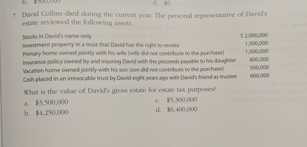 b. $
d. $0
7. David Collins died during the current year. The personal representative of David's
estate reviewed the following assets.
Stocks in David's name only
Investment property in a trust that David has the right to revoke
Primary home owned jointly with his wife (wife did not contribute to the purchase)
Insurance policy owned by and insuring David with the proceeds payable to his daughter
Vacation home owned jointly with his son (son did not contribute to the purchase)
Cash placed in an irrevocable trust by David eight years ago with David's friend as trustee
What is the value of David's gross estate for estate tax purposes?
a. $3,500,000
b. $4,250,000
c. $5,300,000
d. $6,400,000
$ 2,000,000
1,500,000
1,000,000
800,000
500,000
600,000