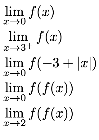 (x) u
lim f(x)
lim f(x)
x→3+
lim f(-3+ ||)
lim f(f(x))
x→0
lim f(f(x))
x→2
