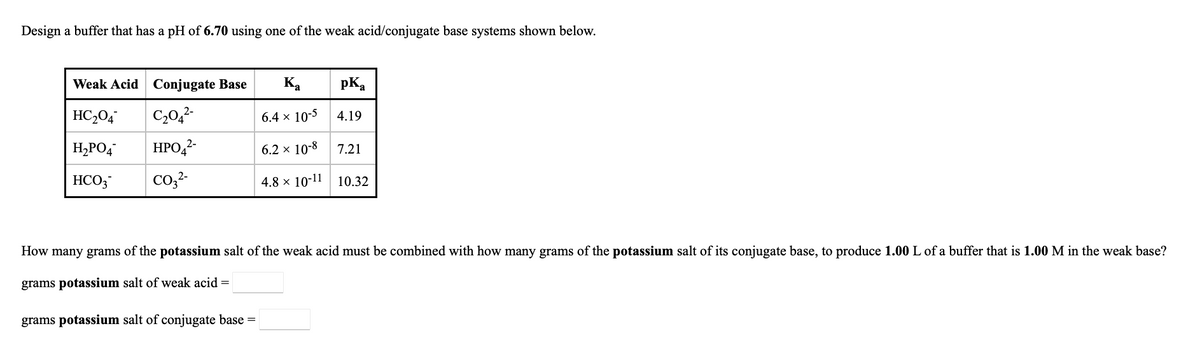 **Designing a Buffer System**

**Objective:**
Design a buffer that has a pH of **6.70** using one of the weak acid/conjugate base systems shown below.

**Buffer Systems Table:**

| Weak Acid | Conjugate Base | \( K_{\text{a}} \) | \( pK_{\text{a}} \) |
|-----------|----------------|--------------------|-------------------|
| \( \text{HC}_2\text{O}_4^- \) | \( \text{C}_2\text{O}_4^{2-} \) | \( 6.4 \times 10^{-5} \) | 4.19 |
| \( \text{H}_2\text{PO}_4^- \) | \( \text{HPO}_4^{2-} \) | \( 6.2 \times 10^{-8} \) | 7.21 |
| \( \text{HCO}_3^- \) | \( \text{CO}_3^{2-} \) | \( 4.8 \times 10^{-11} \) | 10.32 |

**Calculation Question:**
How many grams of the potassium salt of the weak acid must be combined with how many grams of the potassium salt of its conjugate base, to produce **1.00 L** of a buffer that is **1.00 M** in the weak base?

Variables to Solve:
- Grams of potassium salt of weak acid = _____
- Grams of potassium salt of conjugate base = _____