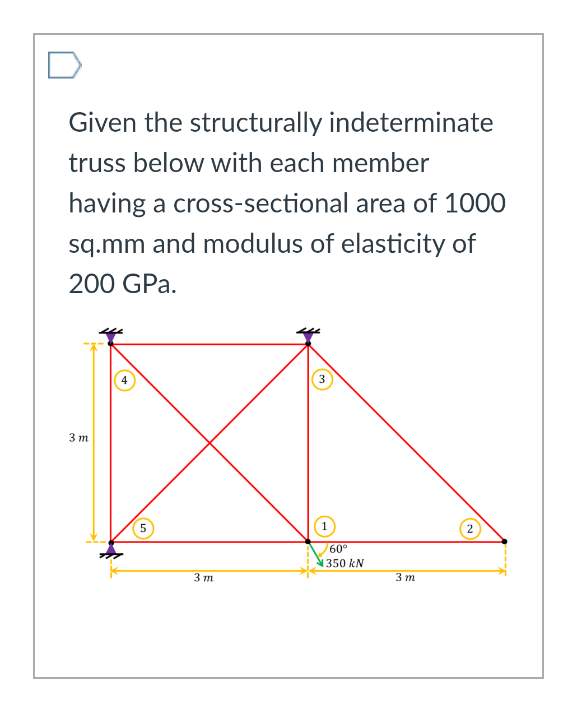 Given the structurally indeterminate
truss below with each member
having a cross-sectional area of 1000
sq.mm and modulus of elasticity of
200 GPa.
3 m
5
3 m
3
1
60°
1350 kN
3 m
2