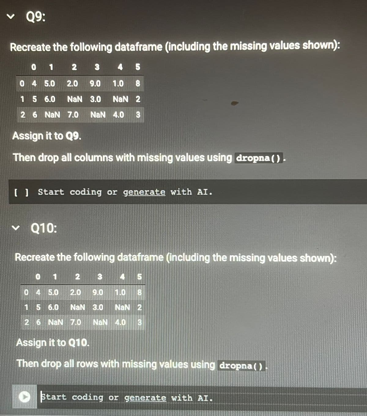 L
▾ Q9:
Recreate the following dataframe (including the missing values shown):
0 1 2 3 4 5
0 4 5.0 2.0
9.0
1.0 8
1 5 6.0
NaN 3.0 NaN 2
2 6 NaN 7.0
NaN 4.0 3
Assign it to Q9.
Then drop all columns with missing values using dropna ().
( ) Start coding or generate with AI.
▾ Q10:
Recreate the following dataframe (including the missing values shown):
0 1
2
4 5
0 4 5.0 2.0 9.0 1.0 8
1.5 6.0 NaN 3.0
NaN 2
2 6 NaN 7.0 NaN 4.0 3
Assign it to Q10.
Then drop all rows with missing values using dropna ().
Start coding or generate with AI.