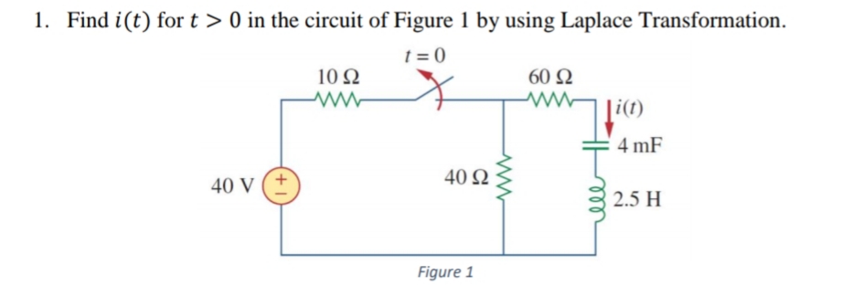 1. Find i(t) for t > 0 in the circuit of Figure 1 by using Laplace Transformation.
t = 0
10 N
60 Ω
4 mF
40 Ω
40 V
2.5 H
Figure 1
+,
