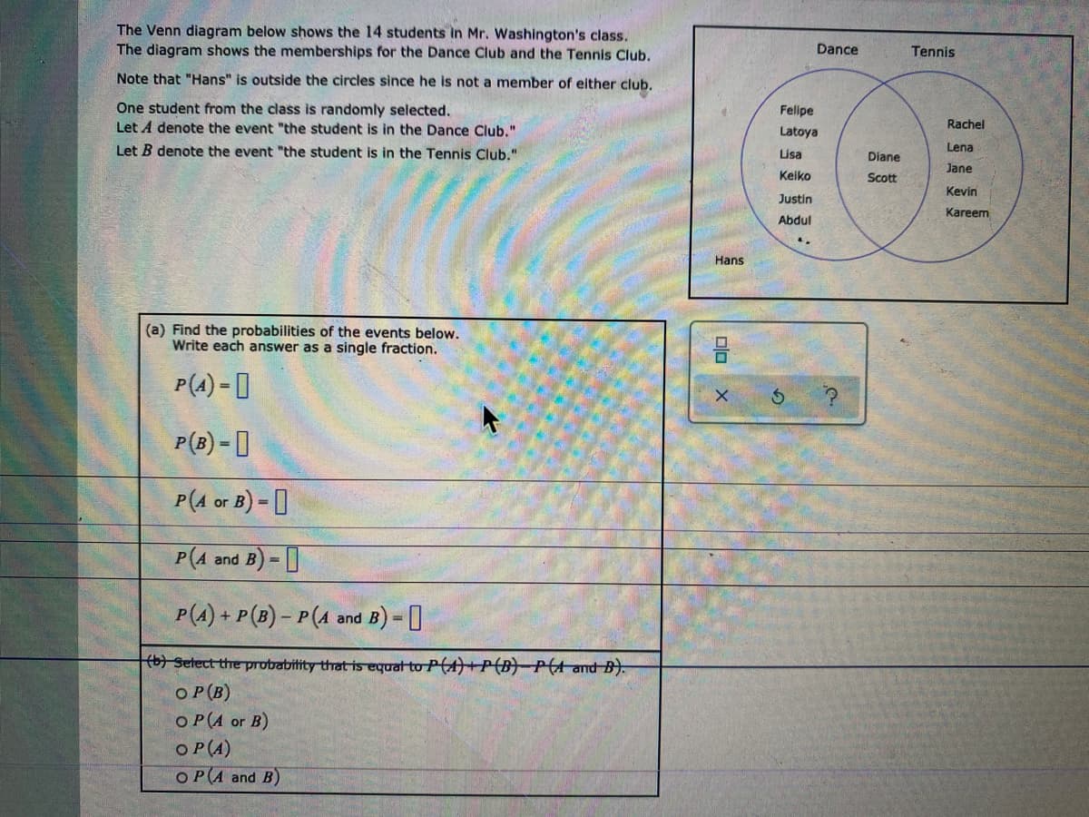 The Venn diagram below shows the 14 students in Mr. Washington's class.
The diagram shows the memberships for the Dance Club and the Tennis Club.
Dance
Tennis
Note that "Hans" is outside the circles since he is not a member of either club.
One student from the class is randomly selected.
Let A denote the event "the student is in the Dance Club."
Felipe
Rachel
Latoya
Let B denote the event "the student is in the Tennis Club."
Lisa
Lena
Diane
Jane
Keiko
Scott
Kevin
Justin
Kareem
Abdul
Hans
(a) Find the probabilities of the events below.
Write each answer as a single fraction.
P(4) = [
P(B) = ]
P(4 or B) - 0
P(A and B) ]
P(A) + P(B) – P(A anc
B) = 0
!!
(b) Setect the probabitity thrat is equat to PA)+P(B P(t and B).
OP(B)
OP(A or B)
OP(A)
O P(A and B)
