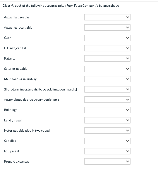 Classify each of the following accounts taken from Faust Company's balance sheet
Accounts payable
Accounts receivable
Cash
L. Dawn,capital
Patents
Salaries payable
Merchandise inventory
Short-term investments to be sold in seven months)
Accumulated depreciation-equipment
Buildings
Land (in use)
Notes payable idue in two years)
Supplies
Equipment
Prepaid expenses
V
<
<