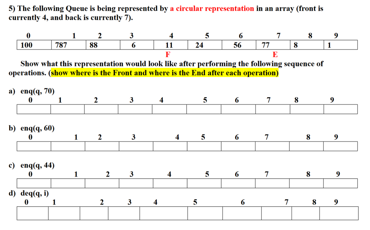 5) The following Queue is being represented by a circular representation in an array (front is
currently 4, and back is currently 7).
0
1
2
3
4
5
6
7
8
9
100
787
88
6
11
F
24
56
77
8
1
E
Show what this representation would look like after performing the following sequence of
operations. (show where is the Front and where is the End after each operation)
a) enq(q, 70)
0
1
2
3
4
5
6
7
8
b) enq(q, 60)
0
c) enq(q, 44)
0
d) deq(q, i)
0
1
2
3
4
5
10
1
2
3
1
2
3
4
4
10
5
10
6
7
6
7
8
8
9
9
6
7
89