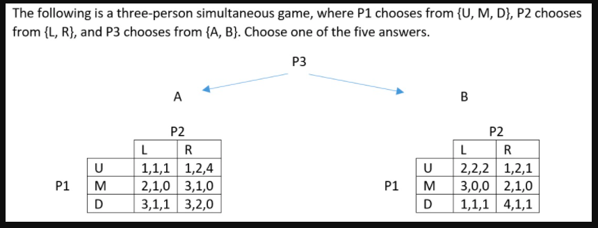 The following is a three-person simultaneous game, where P1 chooses from {U, M, D}, P2 chooses
from {L, R}, and P3 chooses from {A, B}. Choose one of the five answers.
P3
A
В
P2
P2
L
R
L
R
1,1,1| 1,2,4
2,1,0 3,1,0
3,1,1 3,2,0
2,2,2 1,2,1
3,0,0 2,1,0
1,1,1 4,1,1
U
U
P1
M
P1
M
D
D
