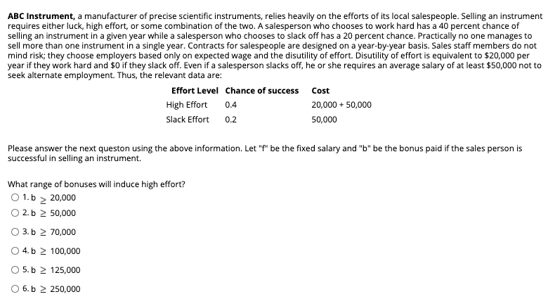 ABC Instrument, a manufacturer of precise scientific instruments, relies heavily on the efforts of its local salespeople. Selling an instrument
requires either luck, high effort, or some combination of the two. A salesperson who chooses to work hard has a 40 percent chance of
selling an instrument in a given year while a salesperson who chooses to slack off has a 20 percent chance. Practically no one manages to
sell more than one instrument in a single year. Contracts for salespeople are designed on a year-by-year basis. Sales staff members do not
mind risk; they choose employers based only on expected wage and the disutility of effort. Disutility of effort is equivalent to $20,000 per
year if they work hard and $0 if they slack off. Even if a salesperson slacks off, he or she requires an average salary of at least $50,000 not to
seek alternate employment. Thus, the relevant data are:
Effort Level Chance of success Cost
High Effort
0.4
20,000 + 50,000
Slack Effort
0.2
50,000
Please answer the next queston using the above information. Let "f" be the fixed salary and "b" be the bonus paid if the sales person is
successful in selling an instrument.
What range of bonuses will induce high effort?
O 1.b > 20,000
2. b 2 50,000
O 3. b 2 70,000
O 4. b 2 100,000
O 5. b 2 125,000
O 6. b 2 250,000
