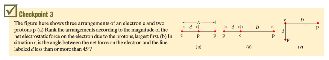 V Checkpoint 3
The figure here shows three arrangements of an electron e and two
protons p. (a) Rank the arrangements according to the magnitude of the
net electrostatic force on the electron due to the protons, largest first. (b) In
situation c, is the angle between the net force on the electron and the line
D
d
e
e
labeled d less than or more than 45°?
(a)
(b)
(c)
