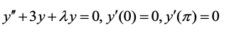 This differential equation represents a second-order linear homogeneous differential equation with constant coefficients and is given by:

\[ y'' + 3y' + \lambda y = 0 \]

Additionally, the equation is subject to the initial conditions:

\[ y'(0) = 0 \]
\[ y'(\pi) = 0 \]

Here, \( y \) is a function of \( x \), \( y' \) denotes the first derivative of \( y \) with respect to \( x \), and \( y'' \) denotes the second derivative of \( y \) with respect to \( x \). The parameter \( \lambda \) is a constant that may affect the nature of the solutions. 

The initial conditions specify that the first derivative of \( y \) at \( x = 0 \) and \( x = \pi \) is zero.