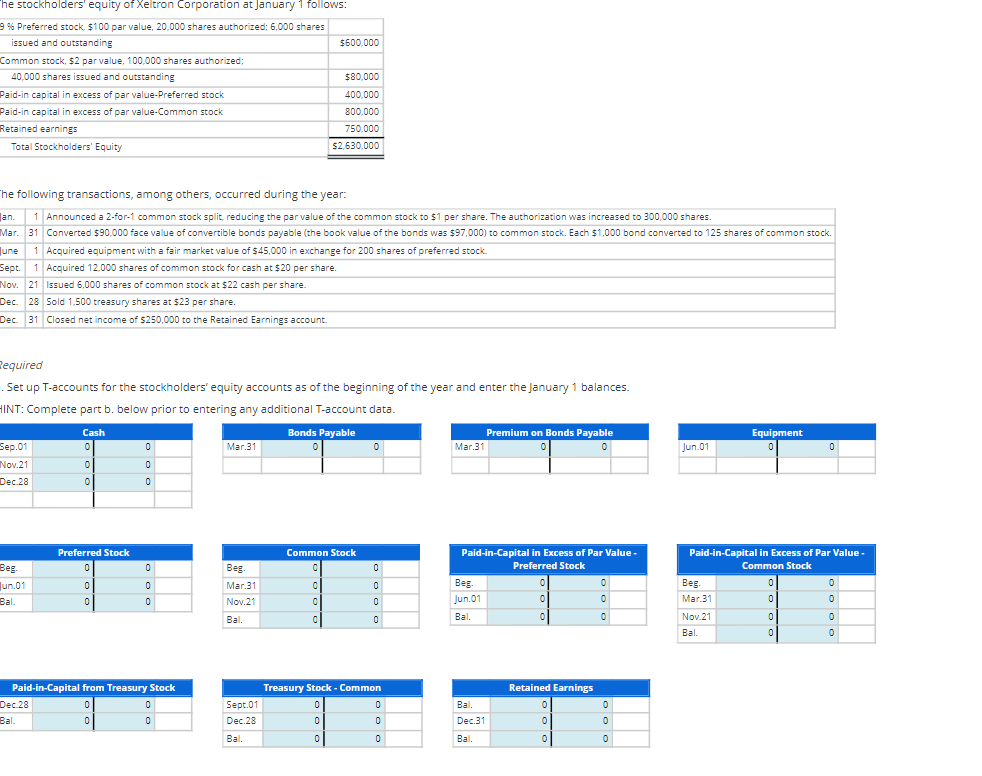 he
stockholders' equity of Xeltron Corporation at January 1 follows:
9 % Preferred stock, $100 par value, 20,000 shares authorized; 6,000 shares
issued and outstanding
Common stock, $2 par value, 100,000 shares authorized;
40,000 shares issued and outstanding
Paid-in capital in excess of par value-Preferred stock
Paid-in capital in excess of par value-Common stock
Retained earnings
Total Stockholders' Equity
he following transactions, among others, occurred during the year:
Jan. 1 Announced a 2-for-1 common stock split, reducing the par value of the common stock to $1 per share. The authorization was increased to 300,000 shares.
Mar. 31 Converted $90,000 face value of convertible bonds payable (the book value of the bonds was $97,000) to common stock. Each $1,000 bond converted to 125 shares of common stock.
June 1 Acquired equipment with a fair market value of $45,000 in exchange for 200 shares of preferred stock.
Sept. 1 Acquired 12,000 shares of common stock for cash at $20 per share.
Nov. 21 Issued 6,000 shares of common stock at $22 cash per share.
Dec. 28 Sold 1,500 treasury shares at $23 per share.
Dec. 31 Closed net income of $250,000 to the Retained Earnings account.
Sep.01
Nov.21
Dec 28
Required
. Set up T-accounts for the stockholders' equity accounts as of the beginning of the year and enter the January 1 balances.
HINT: Complete part b. below prior to entering any additional T-account data.
Beg.
un.01
Bal.
Cash
0
0
0
Dec 28
Bal.
Preferred Stock
0
0
0
0
0
0
0
0
0
Paid-in-Capital from Treasury Stock
0
0
0
0
Mar.31
Beg
Mar.31
Nov.21
Bal.
$600,000
Sept.01
Dec.28
Bal.
$80,000
400,000
800,000
750,000
$2,630,000
Bonds Payable
0
0
0
0
Common Stock
0
0
0
0
0
Treasury Stock - Common
0
0
0
0
0
0
Mar.31
Paid-in-Capital in Excess of Par Value -
Preferred Stock
0
0
0
Beg.
Jun.01
Bal
Premium on Bonds Payable
Bal.
Dec.31
Bal.
Retained Earnings
0
0
0
0
0
0
0
0
0
Jun.01
Equipment
0
Beg.
Mar.31
Nov.21
Bal.
Paid-in-Capital in Excess of Par Value -
Common Stock
0
0
0
0
0
0
0
0
0