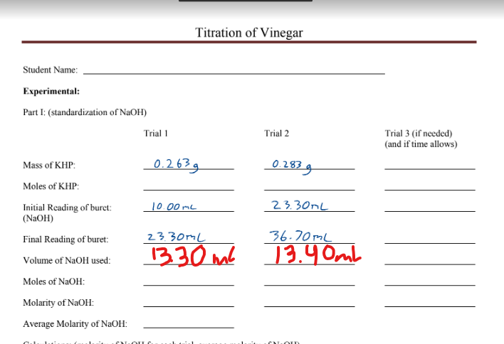 Student Name:
Experimental:
Part I: (standardization of NaOH)
Mass of KHP:
Moles of KHP:
Initial Reading of buret:
(NaOH)
Final Reading of buret:
Volume of NaOH used:
Moles of NaOH:
Molarity of NaOH:
Average Molarity of NaOH:
CAL
Trial 1
Titration of Vinegar
0.263g
Trial 2
10.00 mL
0.283 g
23.30ML
23.30ML
36.70mL
13.30m² 13.40mb
OLD
Trial 3 (if needed)
(and if time allows)