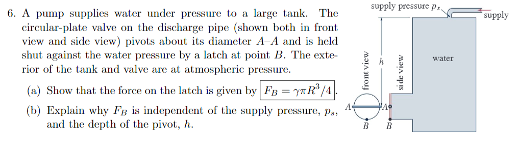 6. A pump supplies water under pressure to a large tank. The
circular-plate valve on the discharge pipe (shown both in front
view and side view) pivots about its diameter A-A and is held
shut against the water pressure by a latch at point B. The exte-
rior of the tank and valve are at atmospheric pressure.
(a) Show that the force on the latch is given by FB = R³ /4
A
(b) Explain why FB is independent of the supply pressure, ps,
and the depth of the pivot, h.
front view
B
supply pressure Ps.
A°
B
si de view
water
supply