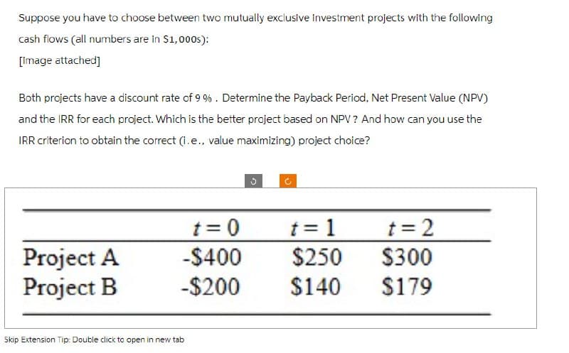 Suppose you have to choose between two mutually exclusive investment projects with the following
cash flows (all numbers are in $1,000s):
[image attached]
Both projects have a discount rate of 9%. Determine the Payback Period, Net Present Value (NPV)
and the IRR for each project. Which is the better project based on NPV? And how can you use the
IRR criterion to obtain the correct (i.e., value maximizing) project choice?
t=0
t = 1
t = 2
Project A
-$400
$250
$300
Project B
-$200
$140
$179
Skip Extension Tip: Double click to open in new tab