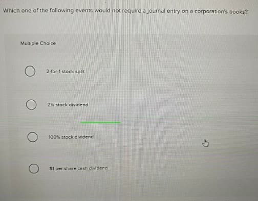 Which one of the following events would not require a Journal entry on a corporation's books?
Multiple Choice
2-for-1 stock split
2% stock dividend
100% stock dividend
$1 per share cash dividend
