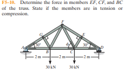 F5-10. Determine the force in members EF, CF, and BC
of the truss. State if the members are in tension or
compression.
30
AG
-2 m-
30 kN
30 kN
