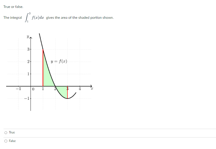 True or false.
The integral
True
False
7
Is f(x) dx gives the area of the shaded portion shown.
Y
3
19
-
0
y = f(x)