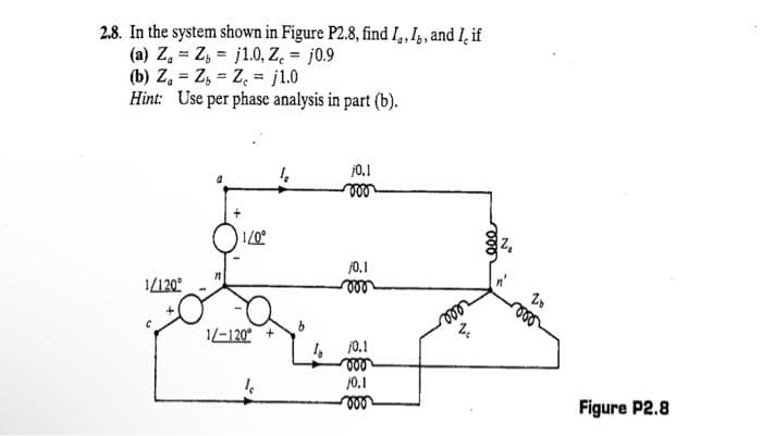 2.8. In the system shown in Figure P2.8, find I, I, and I, if
(a) Z, Z, j1.0, Z, = 10.9
(b) ZaZZe= j1.0
Hint: Use per phase analysis in part (b).
1/120⁰
+
C
1/0°
1/-120°
4
16
10.1
voo
10.1
voo
/0.1
000
10.1
Z₂
Nº
ele
N°
Figure P2.8