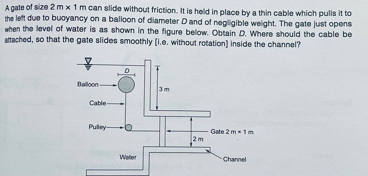 A gate of size 2 m x 1 m can slide without friction. It is held in place by a thin cable which pulls it to
the left due to buoyancy on a balloon of diameter D and of negligible weight. The gate just opens
when the level of water is as shown in the figure below. Obtain D. Where should the cable be
attached, so that the gate slides smoothly [i.e. without rotation] inside the channel?
Balloon-
3 m
Cable
Pulley-
Gate 2 m x 1 m
2 m
Water
Channel
