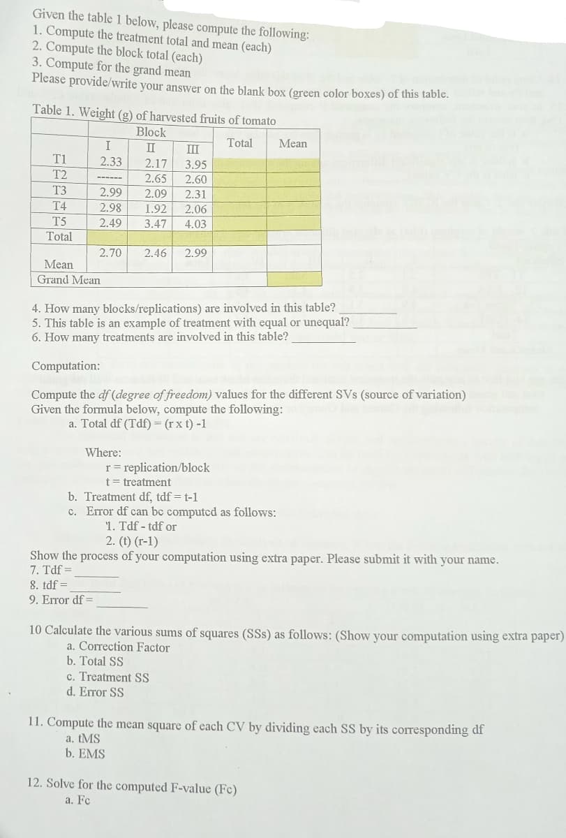 Given the table 1 below, please compute the following:
1. Compute the treatment total and mean (each)
2. Compute the block total (each)
3. Compute for the grand mean
Please provide/write your answer on the blank box (green color boxes) of this table.
Table 1. Weight (g) of harvested fruits of tomato
Block
I
II
III
Total
Mean
T1
2.33
2.17
3.95
T2
2.65
2.60
------
T3
2.99
2.09
2.31
T4
2.98
1.92
2.06
T5
2.49
3.47
4.03
Total
2.70
2.46
2.99
Mean
Grand Mean
4. How many blocks/replications) are involved in this table?
This table is an example of treatment with equal or unequal?
6. How many treatments are involved in this table?
Computation:
Compute the df (degree of freedom) values for the different SVs (source of variation)
Given the formula below, compute the following:
a. Total df (Tdf) = (r x t) -1
Where:
r = replication/block
t = treatment
b. Treatment df, tdf = t-1
c. Error df can bc computed as follows:
1. Tdf - tdf or
2. (t) (r-1)
Show the process of your computation using extra paper. Please submit it with your name.
7. Tdf =
8. tdf =
9. Error df =
10 Calculate the various sums of squares (SSs) as follows: (Show your computation using extra paper)
a. Correction Factor
b. Total SS
c. Treatment SS
d. Error SS
11. Compute the mean square of each CV by dividing each SS by its corresponding df
a. tMS
b. EMS
12. Solve for the computed F-value (Fc)
a. Fc
