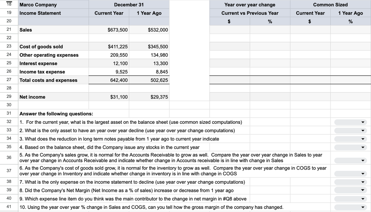 18
Marco Company
December 31
Year over year change
Common Sized
19
Income Statement
Current Year
1 Year Ago
20
Current vs Previous Year
$
%
Current Year
1 Year Ago
$
%
21
Sales
$673,500
$532,000
22
23
Cost of goods sold
$411,225
$345,500
24
Other operating expenses
209,550
134,980
25
Interest expense
12,100
13,300
26
Income tax expense
9,525
8,845
27
Total costs and expenses
642,400
502,625
28
29
Net income
$31,100
$29,375
30
31
Answer the following questions:
32
1. For the current year, what is the largest asset on the balance sheet (use common sized computations)
33
2. What is the only asset to have an year over year decline (use year over year change computations)
34
3. What does the reduction in long term notes payable from 1 year ago to current year indicate
35
36
37
32
4. Based on the balance sheet, did the Company issue any stocks in the current year
5. As the Company's sales grow, it is normal for the Accounts Receivable to grow as well. Compare the year over year change in Sales to year
over year change in Accounts Receivable and indicate whether change in Accounts receivable is in line with change in Sales
6. As the Company's cost of goods sold grow, it is normal for the inventory to grow as well. Compare the year over year change in COGS to year
over year change in Inventory and indicate whether change in inventory is in line with change in COGS
7. What is the only expense on the income statement to decline (use year over year change computations)
38
39
8. Did the Company's Net Margin (Net Income as a % of sales) increase or decrease from 1 year ago
40
9. Which expense line item do you think was the main contributor to the change in net margin in #Q8 above
41
10. Using the year over year % change in Sales and COGS, can you tell how the gross margin of the company has changed.