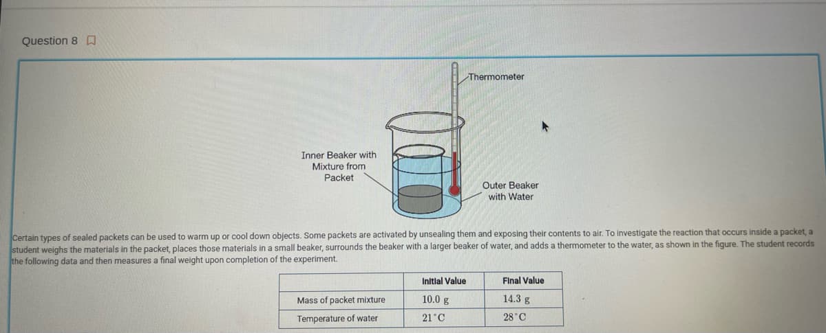 Question 8
Inner Beaker with
Mixture from
Packet
Mass of packet mixture
Temperature of water
Thermometer
Certain types of sealed packets can be used to warm up or cool down objects. Some packets are activated by unsealing them and exposing their contents to air. To investigate the reaction that occurs inside a packet, a
student weighs the materials in the packet, places those materials in a small beaker, surrounds the beaker with a larger beaker of water, and adds a thermometer to the water, as shown in the figure. The student records
the following data and then measures a final weight upon completion of the experiment.
Initial Value
10.0 g
21°C
Outer Beaker
with Water
Final Value
14.3 g
28°C