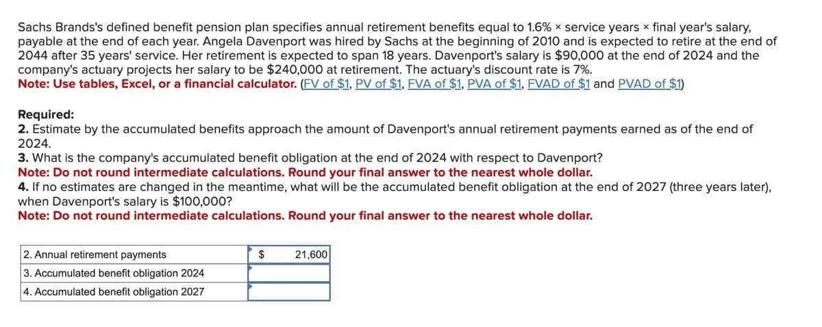 Sachs Brands's defined benefit pension plan specifies annual retirement benefits equal to 1.6% x service years × final year's salary,
payable at the end of each year. Angela Davenport was hired by Sachs at the beginning of 2010 and is expected to retire at the end of
2044 after 35 years' service. Her retirement is expected to span 18 years. Davenport's salary is $90,000 at the end of 2024 and the
company's actuary projects her salary to be $240,000 at retirement. The actuary's discount rate is 7%.
Note: Use tables, Excel, or a financial calculator. (FV of $1, PV of $1, FVA of $1, PVA of $1, FVAD of $1 and PVAD of $1)
Required:
2. Estimate by the accumulated benefits approach the amount of Davenport's annual retirement payments earned as of the end of
2024.
3. What is the company's accumulated benefit obligation at the end of 2024 with respect to Davenport?
Note: Do not round intermediate calculations. Round your final answer to the nearest whole dollar.
4. If no estimates are changed in the meantime, what will be the accumulated benefit obligation at the end of 2027 (three years later),
when Davenport's salary is $100,000?
Note: Do not round intermediate calculations. Round your final answer to the nearest whole dollar.
2. Annual retirement payments
3. Accumulated benefit obligation 2024
4. Accumulated benefit obligation 2027
$
21,600