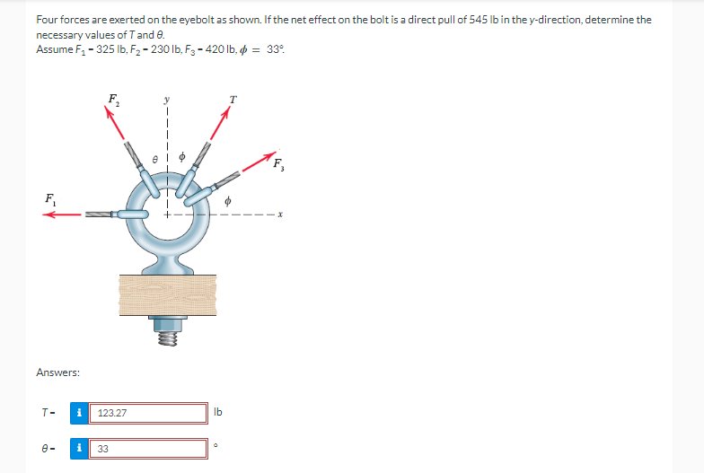 Four forces are exerted on the eyebolt as shown. If the net effect on the bolt is a direct pull of 545 lb in the y-direction, determine the
necessary values of T and 8.
Assume F₁ - 325 lb, F₂-230 lb, F3-420 lb, p = 33°
T
F₁
Answers:
T-
D
123.27
i 33
lb