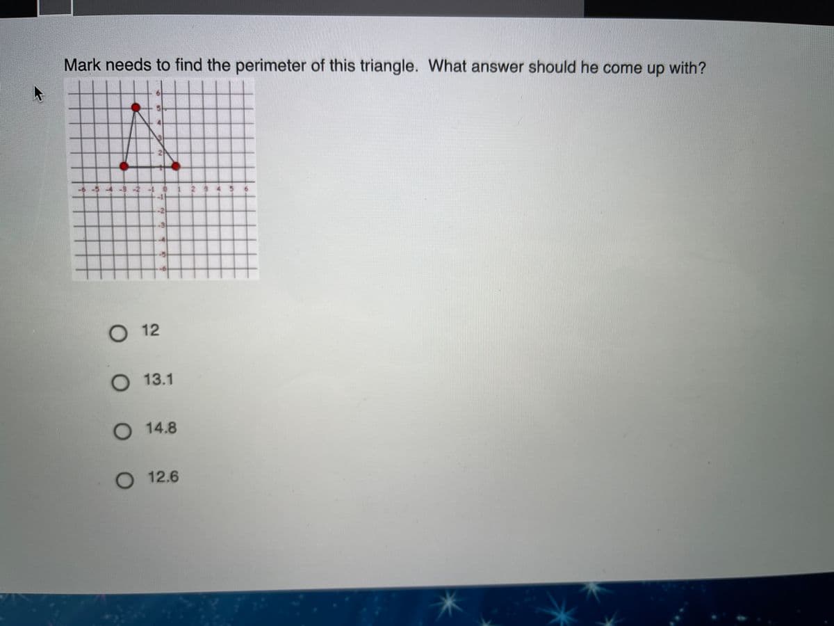 Mark needs to find the perimeter of this triangle. What answer should he come up with?
-3 -2 -1 0 1 2 9 4 56
О 12
О 13.1
О 14.8
O12.6
