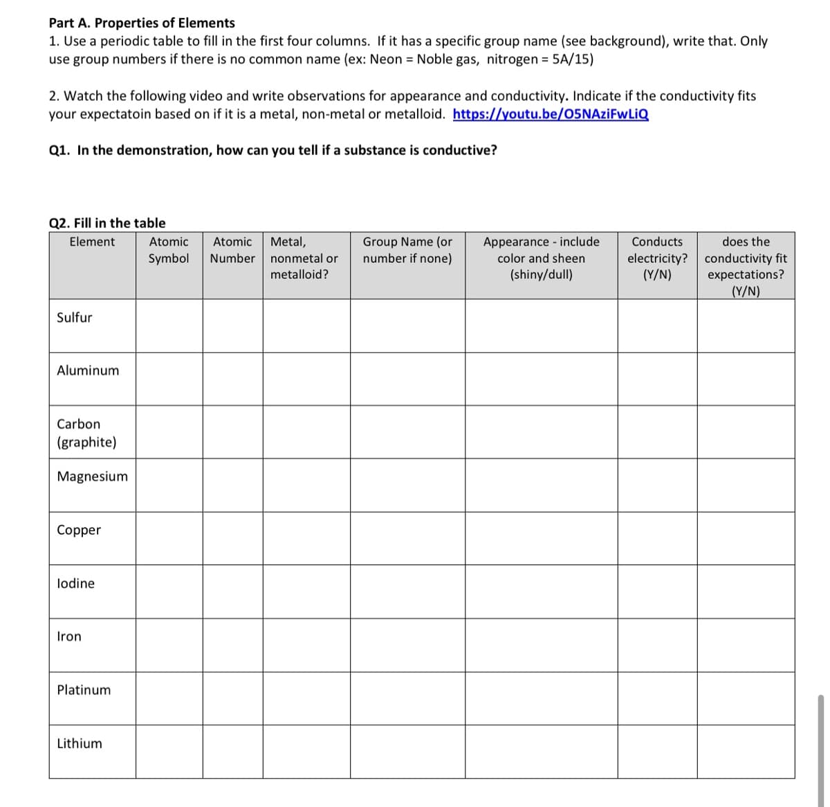 Part A. Properties of Elements
1. Use a periodic table to fill in the first four columns. If it has a specific group name (see background), write that. Only
use group numbers if there is no common name (ex: Neon = Noble gas, nitrogen = 5A/15)
2. Watch the following video and write observations for appearance and conductivity. Indicate if the conductivity fits
your expectatoin based on if it is a metal, non-metal or metalloid. https://youtu.be/O5NAziFwLiQ
Q1. In the demonstration, how can you tell if a substance is conductive?
Q2. Fill in the table
Element
Sulfur
Aluminum
Carbon
(graphite)
Magnesium
Copper
lodine
Iron
Platinum
Lithium
Atomic Atomic Metal,
Symbol Number nonmetal or
metalloid?
Group Name (or
number if none)
Appearance include
color and sheen
(shiny/dull)
Conducts
electricity?
(Y/N)
does the
conductivity fit
expectations?
(Y/N)