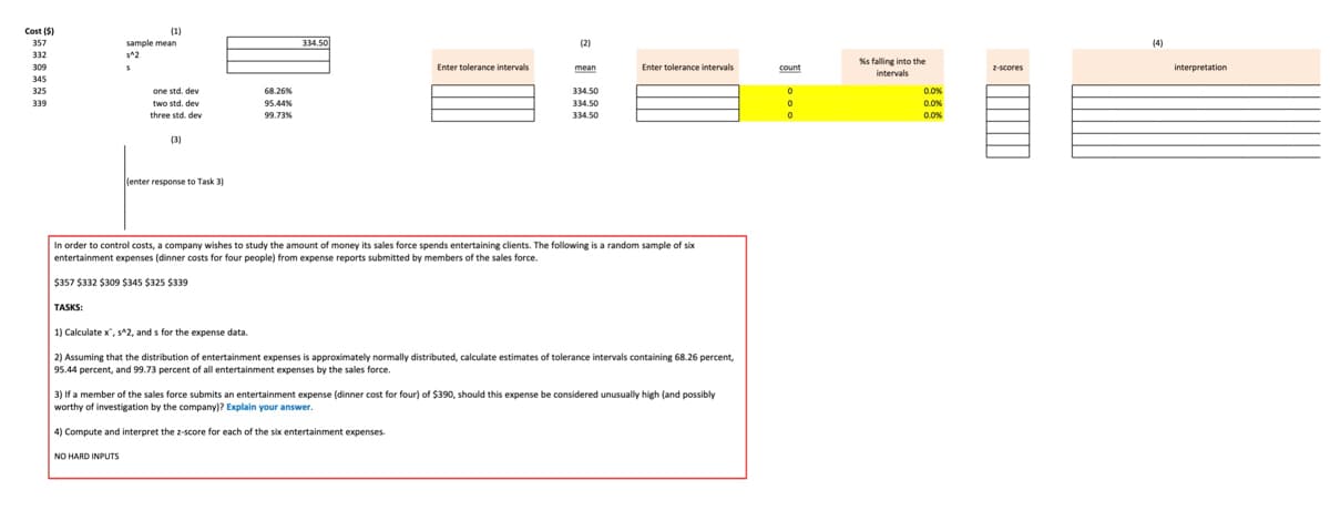 Ĵ******
Cost (5)
357
332
309
345
325
339
TASKS:
(1)
sample mean
s^2
5
one std. dev
two std. dev
three std. dev
(3)
NO HARD INPUTS
(enter response to Task 3)
68.26%
95.44%
99.73%
334.50
Enter tolerance intervals
(2)
4) Compute and interpret the z-score for each of the six entertainment expenses.
mean
In order to control costs, a company wishes to study the amount of money its sales force spends entertaining clients. The following is a random sample of six
entertainment expenses (dinner costs for four people) from expense reports submitted by members of the sales force.
$357 $332 $309 $345 $325 $339
334.50
334.50
334.50
Enter tolerance intervals
1) Calculatex", s^2, and s for the expense data.
2) Assuming that the distribution of entertainment expenses is approximately normally distributed, calculate estimates of tolerance intervals containing 68.26 percent,
95.44 percent, and 99.73 percent of all entertainment expenses by the sales force.
3) If a member of the sales force submits an entertainment expense (dinner cost for four) of $390, should this expense be considered unusually high (and possibly
worthy of investigation by the company)? Explain your answer.
count
0
0
0
%s falling into the
intervals
0.0%
0.0%
0.0%
z-scores
(4)
interpretation