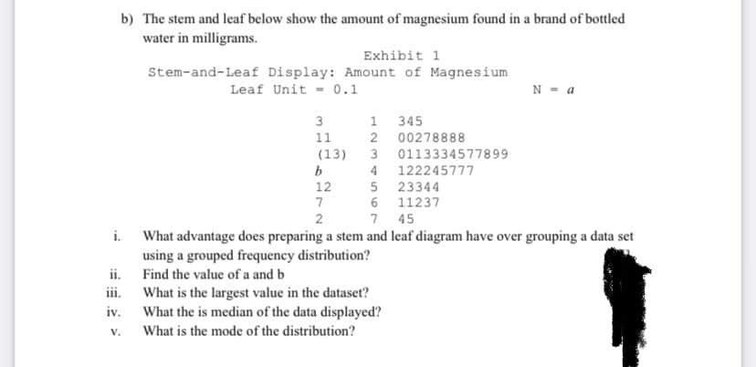 b) The stem and leaf below show the amount of magnesium found in a brand of bottled
water in milligrams.
Exhibit 1
Stem-and-Leaf Display: Amount of Magnesium
Leaf Unit - 0.1
N - a
1 345
2 00278888
3
11
(13)
b
3 0113334577899
122245777
5 23344
4
12
7
6
11237
2
7 45
i. What advantage does preparing a stem and leaf diagram have over grouping a data set
using a grouped frequency distribution?
ii. Find the value of a and b
What is the largest value in the dataset?
What the is median of the data displayed?
iii.
iv.
V.
What is the mode of the distribution?
