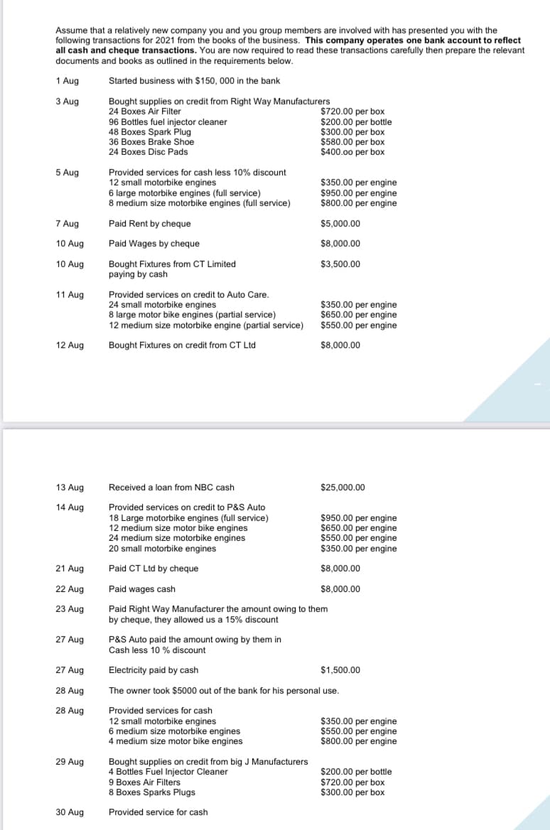 Assume that a relatively new company you and you group members are involved with has presented you with the
following transactions for 2021 from the books of the business. This company operates one bank account to reflect
all cash and cheque transactions. You are now required to read these transactions carefully then prepare the relevant
documents and books as outlined in the requirements below.
1 Aug
Started business with $150, 000 in the bank
Bought supplies on credit from Right Way Manufacturers
24 Boxes Air Filter
3 Aug
96 Bottles fuel injector cleaner
48 Boxes Spark Plug
36 Boxes Brake Shoe
24 Boxes Disc Pads
$720.00 per box
$200.00 per bottle
$300.00 per box
$580.00 per box
$400.00 per box
5 Aug
Provided services for cash less 10% discount
12 small motorbike engines
6 large motorbike engines (full service)
8 medium size motorbike engines (full service)
$350.00 per engine
$950.00 per engine
$800.00 per engine
7 Aug
Paid Rent by cheque
$5,000.00
10 Aug
Paid Wages by cheque
$8,000.00
10 Aug
$3,500.00
Bought Fixtures from CT Limited
paying by cash
11 Aug
Provided services on credit to Auto Care.
24 small motorbike engines
8 large motor bike engines (partial service)
12 medium size motorbike engine (partial service)
$350.00 per engine
$650.00 per engine
$550.00 per engine
12 Aug
Bought Fixtures on credit from CT Ltd
$8.000.00
13 Aug
Received a loan from NBC cash
$25,000.00
14 Aug
Provided services on credit to P&S Auto
18 Large motorbike engines (full service)
12 medium size motor bike engines
24 medium size motorbike engines
20 small motorbike engines
$950.00 per engine
$650.00 per engine
$550.00 per engine
$350.00 per engine
21 Aug
Paid CT Ltd by cheque
$8,000.00
22 Aug
Paid wages cash
$8,000.00
23 Aug
Paid Right Way Manufacturer the amount owing to them
by cheque, they allowed us a 15% discount
27 Aug
P&S Auto paid the amount owing by them in
Cash less 10 % discount
27 Aug
Electricity paid by cash
$1,500.00
28 Aug
The owner took $5000 out of the bank for his personal use.
28 Aug
Provided services for cash
12 small motorbike engines
6 medium size motorbike engines
4 medium size motor bike engines
$350.00 per engine
$550.00 per engine
$800.00 per engine
29 Aug
Bought supplies on credit from big J Manufacturers
4 Bottles Fuel Injector Cleaner
9 Boxes Air Filters
8 Boxes Sparks Plugs
$200.00 per bottle
$720.00 per box
$300.00 per box
30 Aug
Provided service for cash
