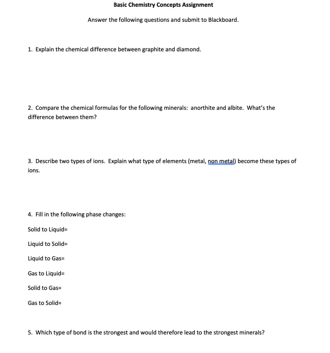 Basic Chemistry Concepts Assignment
1. Explain the chemical difference between graphite and diamond.
Answer the following questions and submit to Blackboard.
2. Compare the chemical formulas for the following minerals: anorthite and albite. What's the
difference between them?
3. Describe two types of ions. Explain what type of elements (metal, non metal) become these types of
ions.
Solid to Gas=
4. Fill in the following phase changes:
Solid to Liquid=
Liquid to Solid=
Liquid to Gas=
Gas to Liquid=
Gas to Solid=
5. Which type of bond is the strongest and would therefore lead to the strongest minerals?