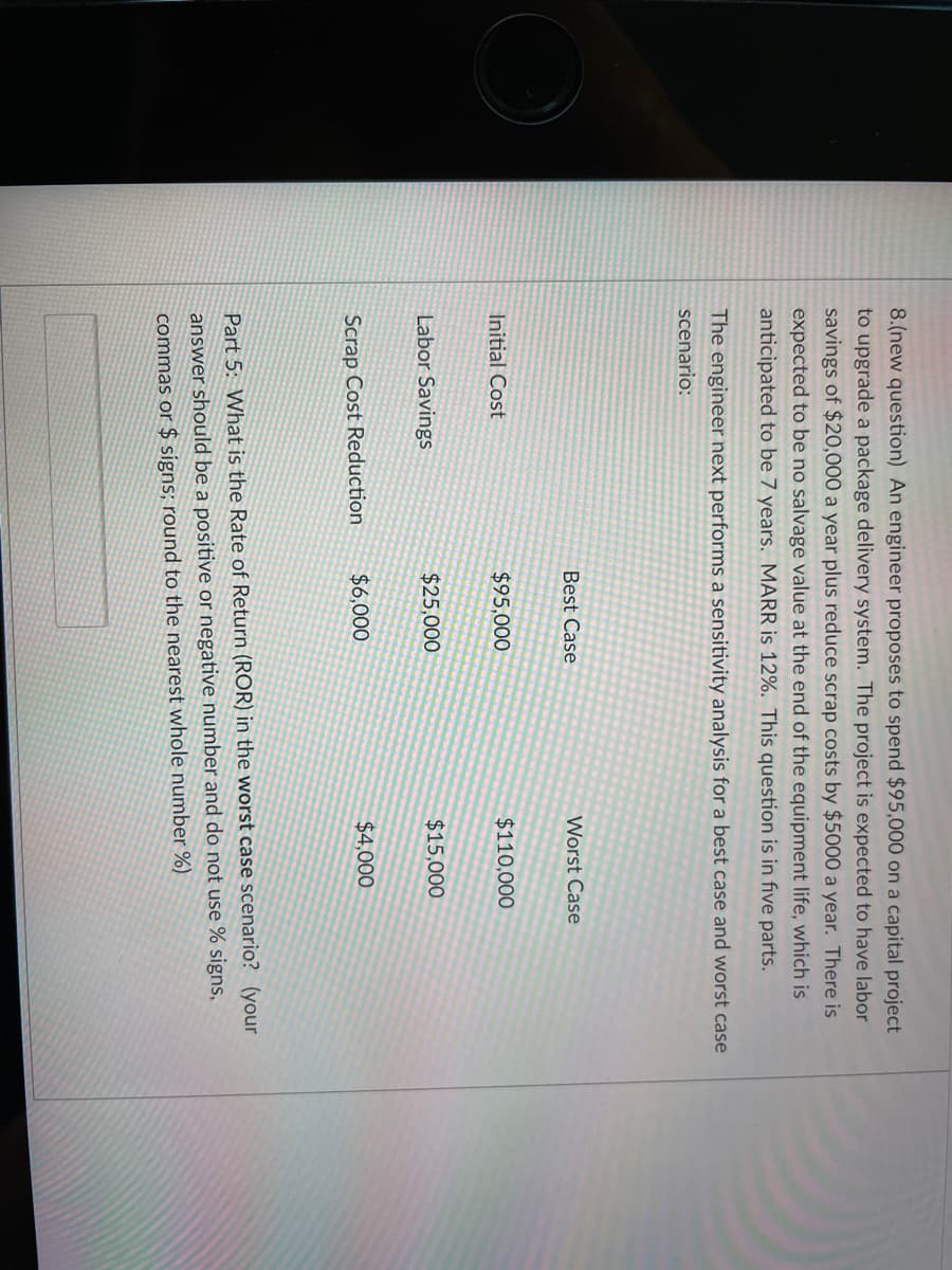 8.(new question) An engineer proposes to spend $95,000 on a capital project
to upgrade a package delivery system. The project is expected to have labor
savings of $20,000 a year plus reduce scrap costs by $5000 a year. There is
expected to be no salvage value at the end of the equipment life, which is
anticipated to be 7 years. MARR is 12%. This question is in five parts.
The engineer next performs a sensitivity analysis for a best case and worst case
scenario:
Best Case
Worst Case
Initial Cost
$95,000
$110,000
Labor Savings
$25,000
$15,000
Scrap Cost Reduction
$6,000
$4,000
Part 5: What is the Rate of Return (ROR) in the worst case scenario? (your
answer should be a positive or negative number and do not use % signs,
commas or $ signs; round to the nearest whole number %)
