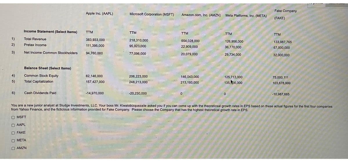 1)
2)
3)
4)
5)
6)
Income Statement (Select Items)
Total Revenue
Pretax Income
Net Income Common Stockholders
000
Balance Sheet (Select Items)
Common Stock Equity
Total Capitalization
Cash Dividends Paid
Apple Inc. (AAPL)
TTM
383,933,000
111,395,000
94,760,000
62,146,000
157,427,000
-14,970,000
Microsoft Corporation (MSFT)
TTM
218,310,000
95,023,000
77,096,000
206,223,000
248,213,000
-20,230,000
Amazon.com, Inc. (AMZN) Meta Platforms, Inc. (META)
TTM
554,028,000
22,909,000
20,079,000
146,043,000
213,193,000
0
TTM
126,956,000
36,770,000
29,734,000
125,713,000
135,466,000
0
Fake Company
(FAKE)
TTM
133,987,765
67,000,000
32,000,000
75,000,111
103,678,999
-10,987,665
You are a new junior analyst at Sludge Investments, LLC. Your boss Mr. Kiwalobizquezaiie asked you if you can come up with the theoreticsal growth rates in EPS based on these actual figures for the first four companies
from Yahoo Finance, and the ficticious information provided for Fake Company. Please choose the Company that has the highest theoretical growth rate in EPS.
OMSFT
AAPL
O FAKE
ΜΕΤΑ
OAMZN