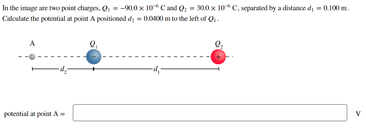 In the image are two point charges, Q₁ = −90.0 × 10¯6 C and Q₂ = 30.0 × 10-6 C, separated by a distance d₁ = 0.100 m.
Calculate the potential at point A positioned d₂ = 0.0400 m to the left of Q₁ .
A
potential at point A =
Q₁
+
V